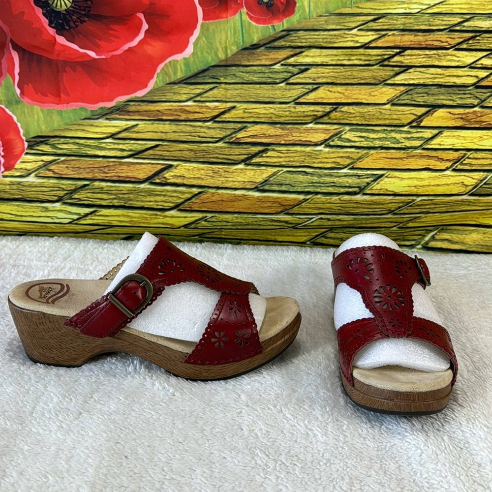 Dansko Sapphire Red Floral Wedge Sandals